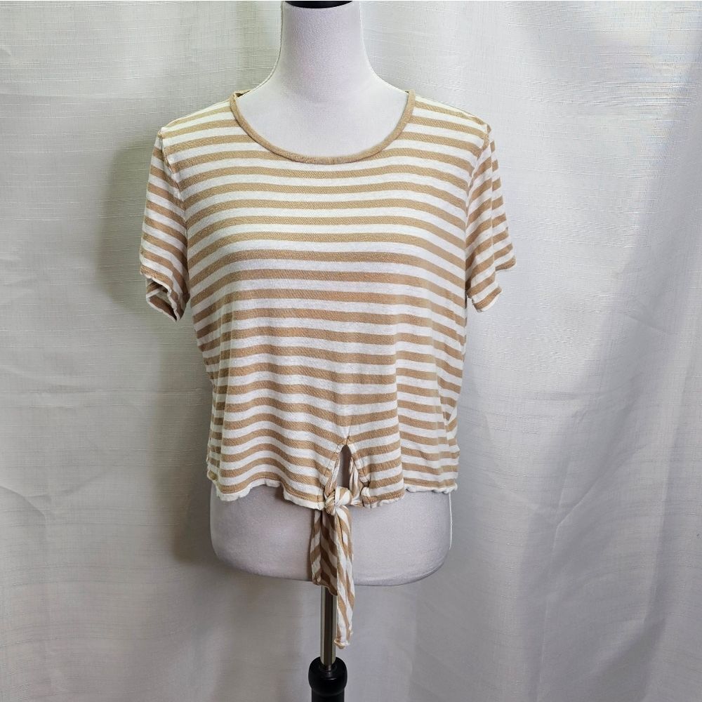 MICHAEL Michael Kors Tan Striped Tie Hem Linen Blend Top Size XL